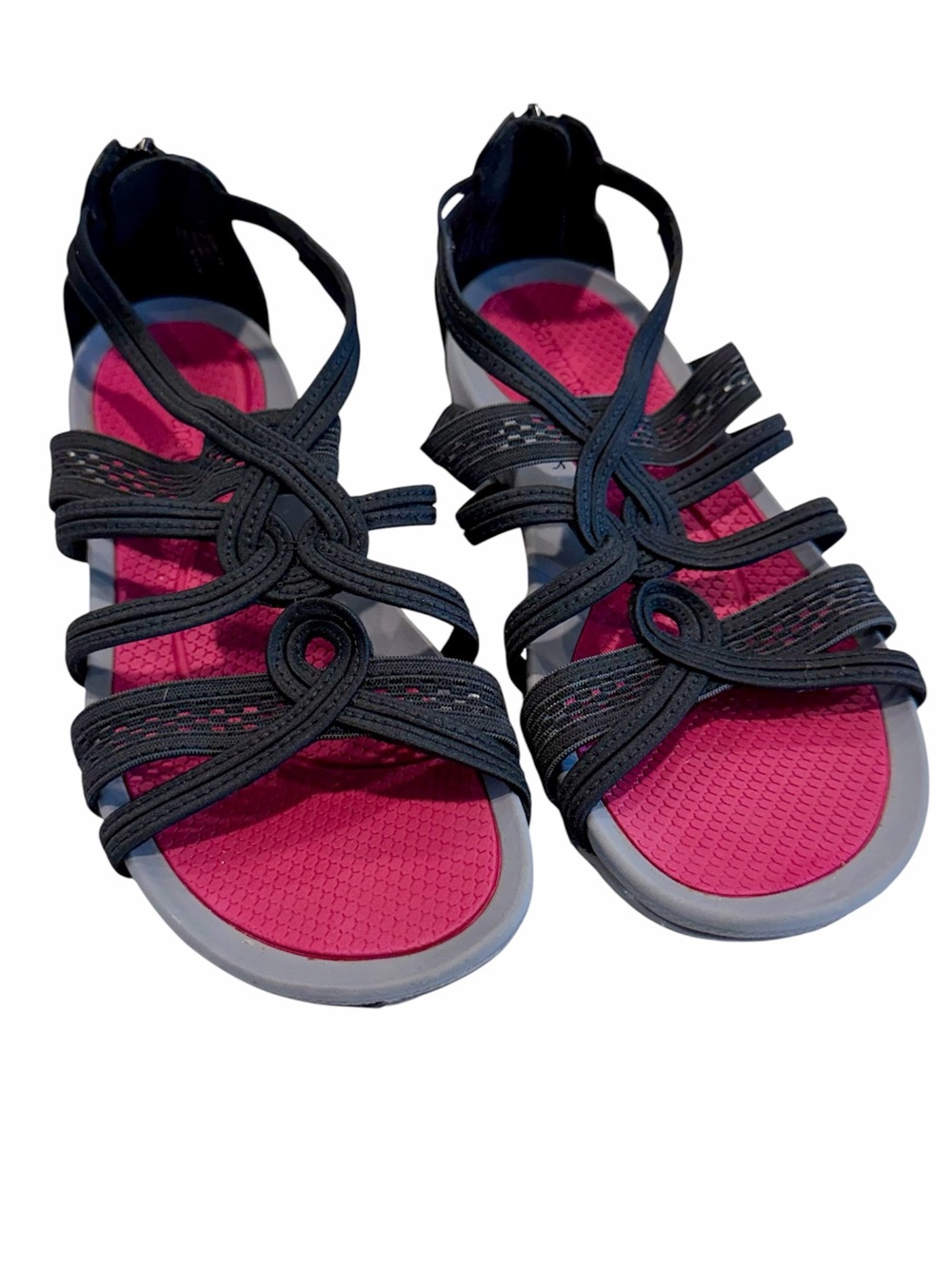 BareTraps Solaura Black Strappy Hiking Sandals with Pink Footbed - Size: 6.5